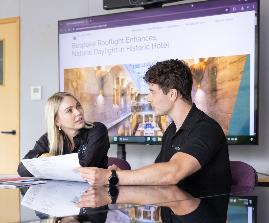 Two professionals engage in a discussion at a conference table, with a reflective surface. One person, a woman with blonde hair, sits across from a man with dark hair. They review documents while a large screen displays a project related to a historic hotel.