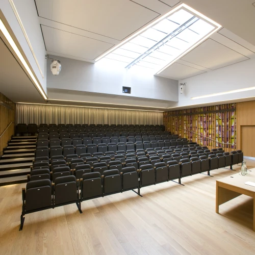 Ein moderner Konferenzraum mit gestuften Sitzreihen aus schwarzen Stühlen. Ein Tisch mit Stühlen steht vorne, während eine große Fensterfläche natürliches Licht hereinlässt. Die Wände sind aus Holz, und es gibt dekorative Elemente.