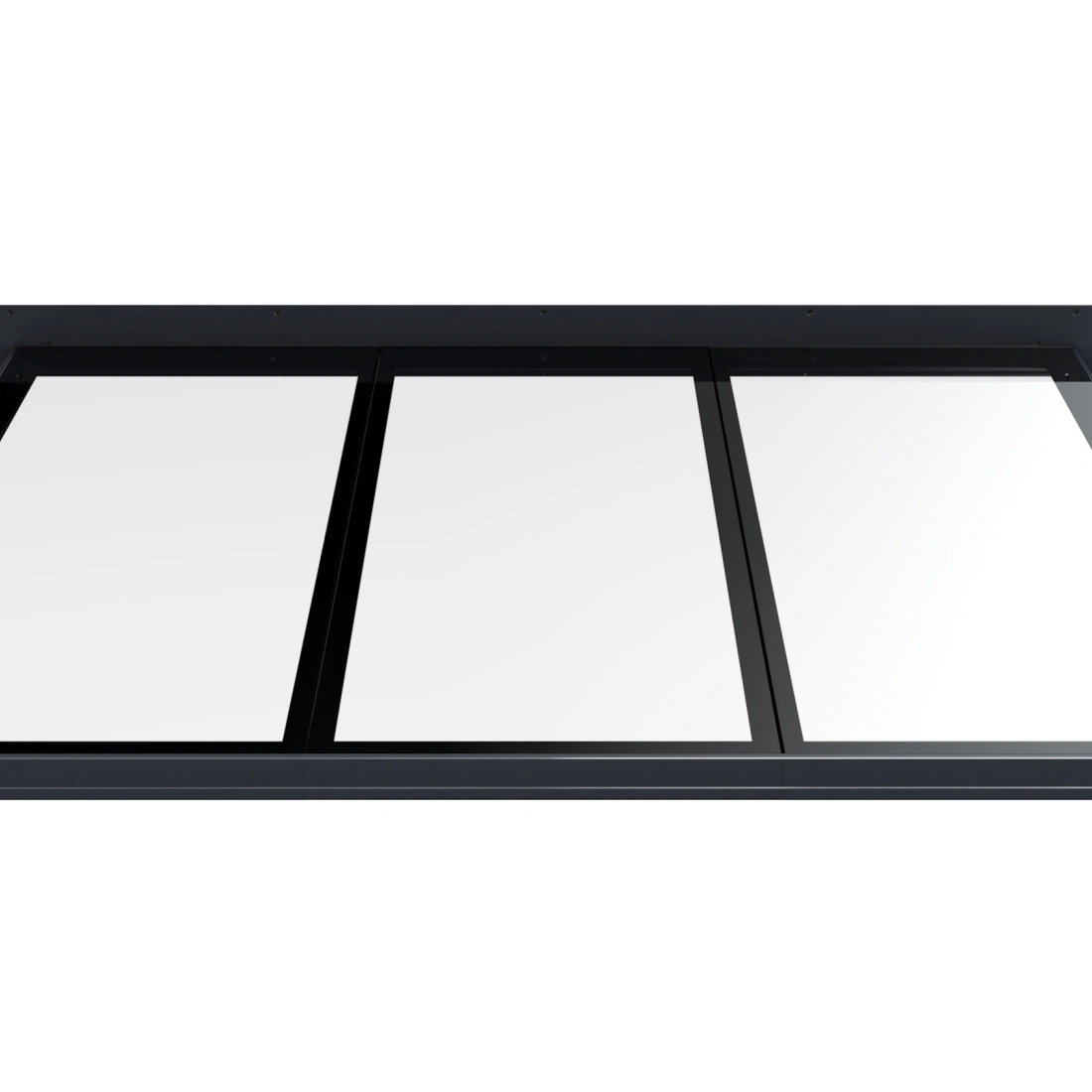 Ein modernes schwarzes Bettgestell mit einem schlichten Design und drei großen, rechteckigen, glatten Flächen. Die Oberkante hat eine einfache Kopfteilstruktur.