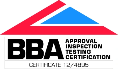 Logo featuring a stylized house with red, blue, and white colors. It includes the text "BBA" prominently, along with "Approval Inspection Testing Certification" and "Certificate 12/4895."