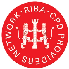 Red circular logo featuring two lion figures standing on either side of a stylized pillar. The top of the circle contains the text "RIBA CPD Providers Network" in white font, with "RIBA" prominently displayed.