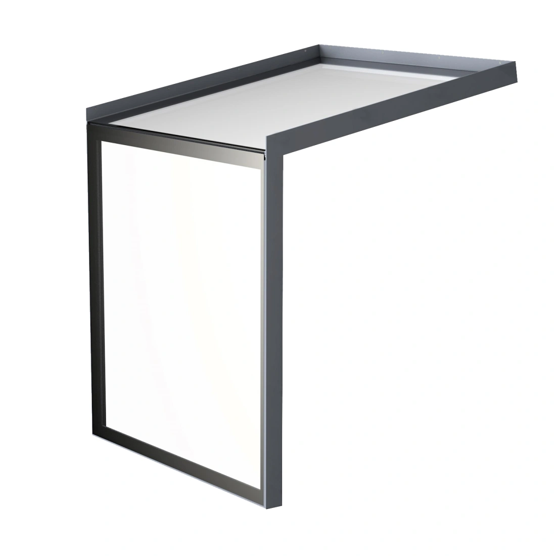 Ein moderner, minimalistischer Wandschirm mit einem grauen Rahmen und einer transparenten Fläche. Der Schirm hat einen schrägen oberen Abschluss.