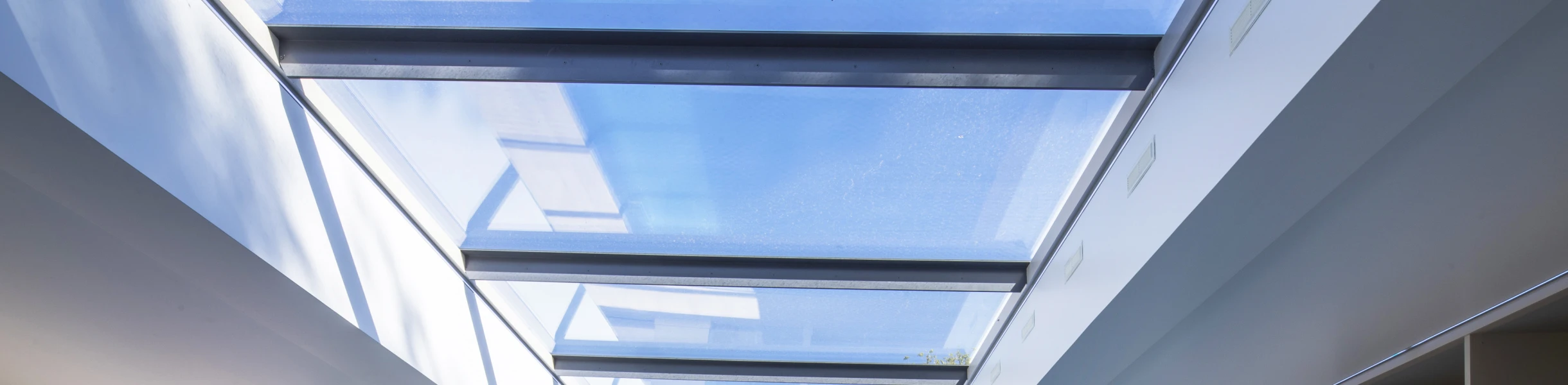 Interior de una casa con piscina iluminada por un techo de vidrio. Las paredes son de color claro y hay un área de descanso con sillas. Se puede ver el exterior con un jardín al fondo.