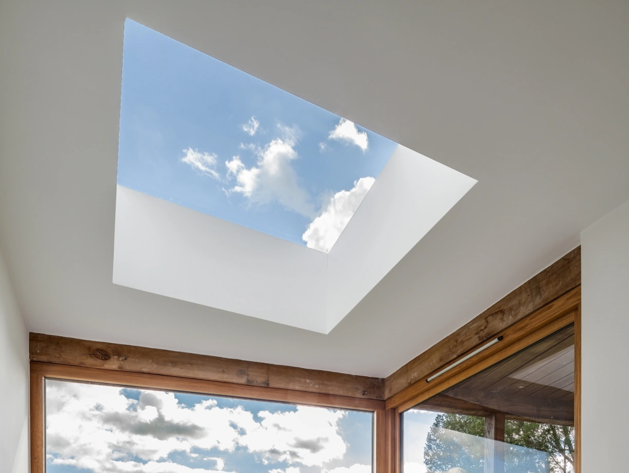 A cozy corner of a modern living space featuring a geometric patterned rug, plush cushions, and large windows offering a view of green fields and a blue sky with clouds. A skylight above lets in natural light, enhancing the inviting atmosphere.
