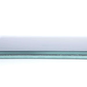 Two thin layers of glass stacked horizontally, with a light reflection creating a subtle shimmer. The background is white, emphasizing the clarity and edges of the glass.