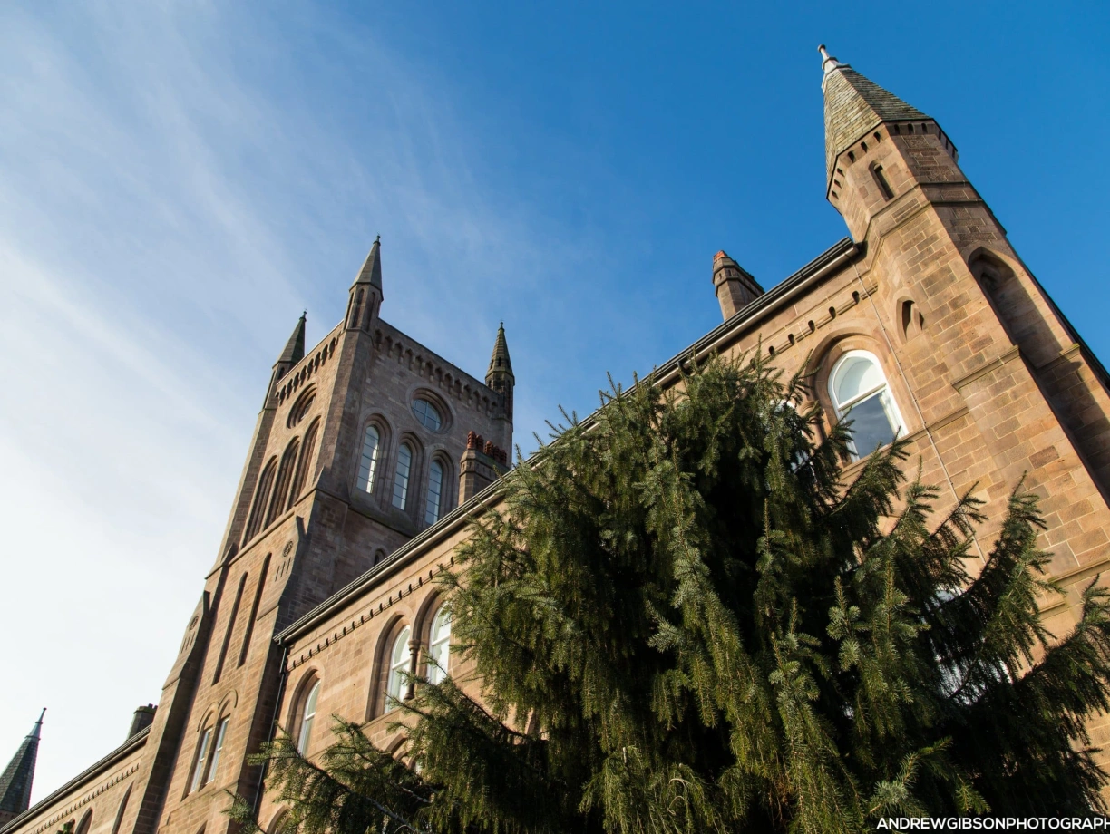 A tall, historic building with spires and gothic architecture stands against a clear blue sky. A large evergreen tree partially obscures the lower section of the structure.