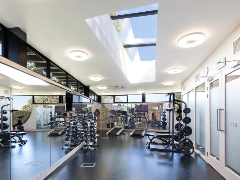 A modern gym interior featuring sleek equipment, large mirrors, and natural light streaming through skylights. Weights are neatly arranged on racks, and fitness machines are lined up against the walls.