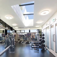 A modern gym interior featuring sleek equipment, large mirrors, and natural light streaming through skylights. Weights are neatly arranged on racks, and fitness machines are lined up against the walls.