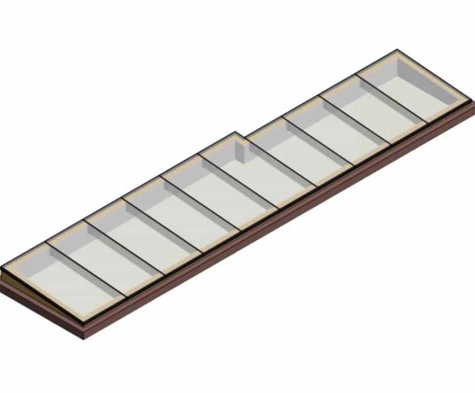 A rectangular display case with multiple compartments, showcasing a wooden frame and a glass top. The case is empty and has eight sections for displaying items.