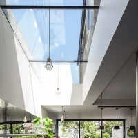 Modern kitchen featuring sleek dark cabinetry and a large island. Natural light floods the space through a skylight and expansive glass doors, leading to an outdoor view. Indoor plants add a touch of greenery to the contemporary design.