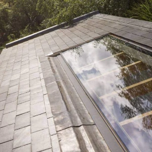 A sloped roof with slate tiles features a skylight reflecting trees and clouds above.