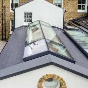 Shows the external of the roof with skylights on it