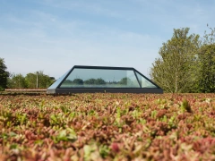 A modern, flat-roofed structure with a large glass skylight is surrounded by a landscape of vibrant green and reddish plants. The sky is clear and blue, and trees are in the background.