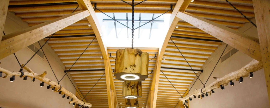 A spacious, modern restaurant interior featuring high wooden ceilings and large windows. Several display counters showcase food items, while patrons and staff are engaged in conversation and service. Bright lighting highlights the open design and natural materials.