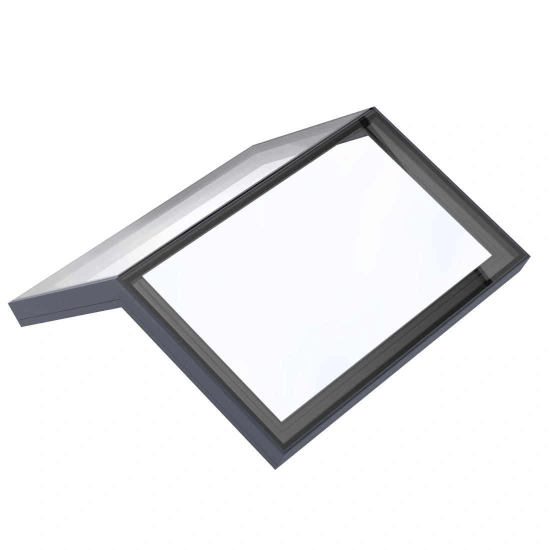 Ein modernes, rechteckiges Dachfenster mit einem schmalen, grauen Rahmen, der leicht geöffnet ist. Das Fenster hat eine klare, reflektierende Oberfläche und befindet sich auf einem weißen Hintergrund.
