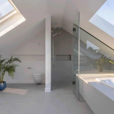 A modern bathroom with sloped ceilings featuring a glass shower, a white toilet, and a bathtub. Natural light streams in through a skylight, and a potted plant adds a touch of greenery. The floor is tiled in light gray.