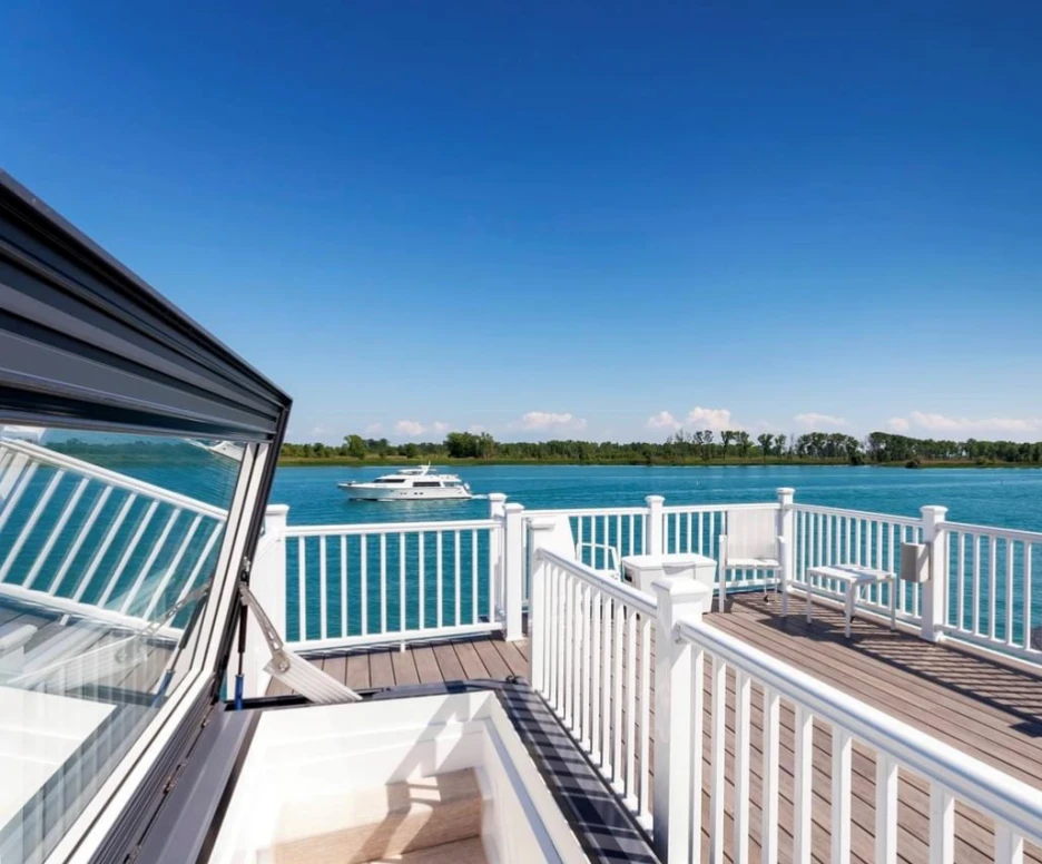 A scenic view from a dock overlooking a calm blue waterway, with a boat cruising in the distance and lush greenery lining the shore under a clear blue sky.
