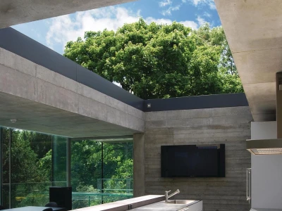 Cocina moderna con una isla central blanca, paredes de concreto y grandes ventanales que ofrecen vistas a un árbol verde. El espacio tiene un diseño minimalista y contemporáneo.
