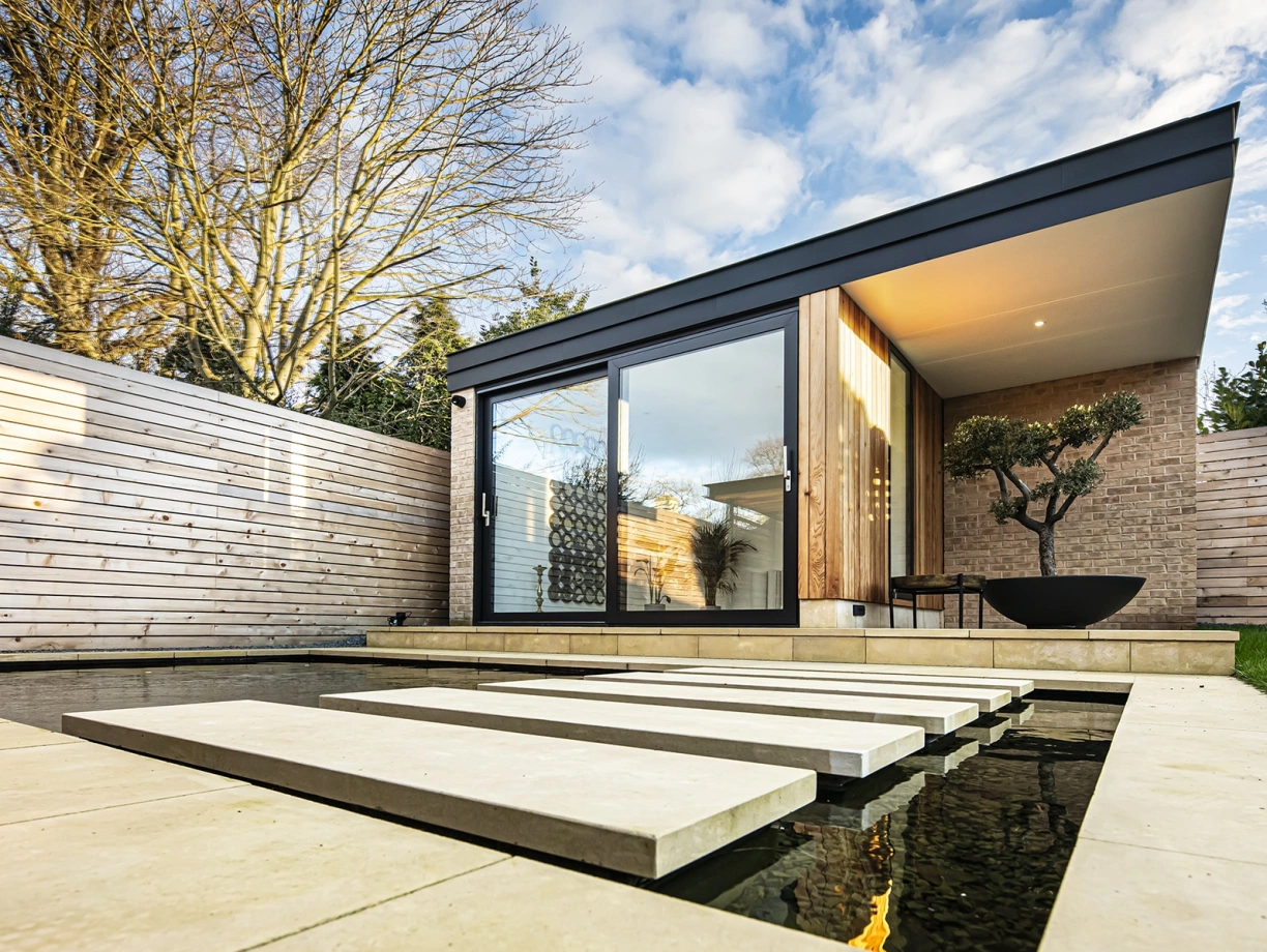 A modern backyard studio featuring large glass sliding doors, wooden accents, and a minimalist design. The studio is surrounded by a landscaped area with a small pool and stepping stones leading to it. Trees and shrubs are visible in the background under a blue sky with scattered clouds.