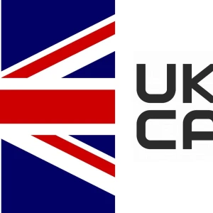 The Union Jack on the left side, with a stylised "UKCA" text on the right side.