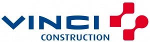 Vinci Construction logo featuring the word "Vinci" in blue and "Construction" in smaller blue text, accompanied by a red symbol consisting of four rounded shapes arranged in a cross formation.