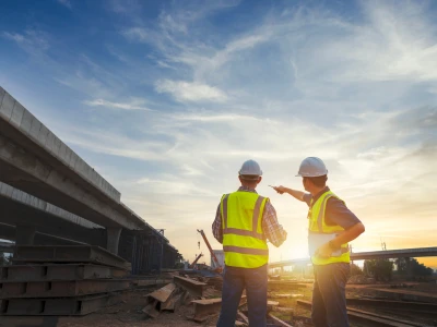 Deux travailleurs en chantier portent des casques et des gilets réfléchissants. Ils discutent et regardent un pont en construction au coucher du soleil, avec des structures en métal et des matériaux de construction visibles autour d'eux.