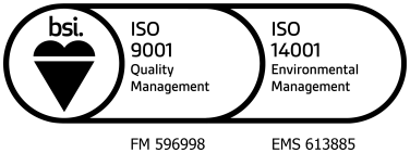 BSI certification logo featuring ISO 9001 for Quality Management and ISO 14001 for Environmental Management, with certification numbers FM 596998 and EMS 613885.