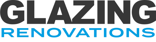The text features the words "GLAZING" in bold black letters and "RENOVATIONS" in bold light blue letters, displaying a modern and professional font.