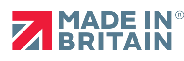 Logo featuring the text "Made in Britain" with a bold red arrow pointing upwards and a modern font.