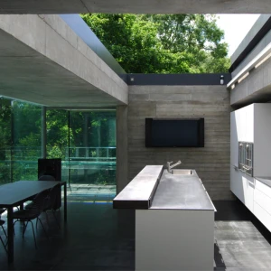 a kitchen with skylight overlooking a kitchen island