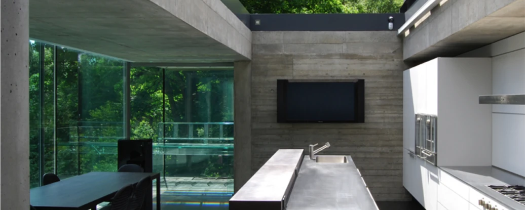 a kitchen with skylight overlooking a kitchen island