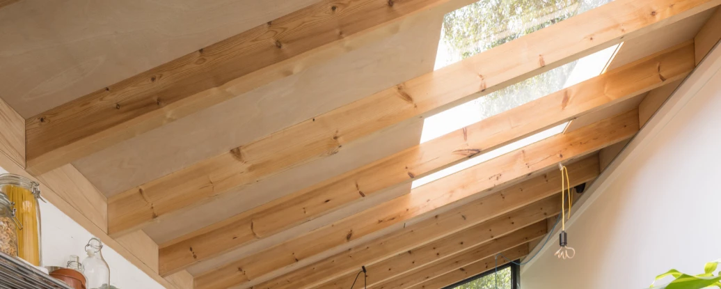 A modern kitchen interior featuring a skylighted, wooden-beamed ceiling. The kitchen has a minimalist design with a metal shelf, potted plants, and a dining table with wooden chairs. Natural light floods the space, illuminating the greenery outside through large glass doors.