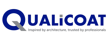 Logo featuring the word "QUALiCOAT" in bold blue letters, with a stylized letter "Q" and a gray accent. Below the name, it reads "Inspired by architecture, trusted by professionals" in smaller gray text.