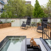 A rooftop garden featuring wooden decking, two black lounge chairs, a small table, and a cat sitting near a set of stairs that lead to a lower level. Lush greenery surrounds the area with buildings in the background.